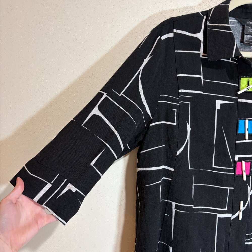 Ali Miles Black Button Down Abstract Geometric Print Pattern Artsy Top Blouse - Picture 7 of 14